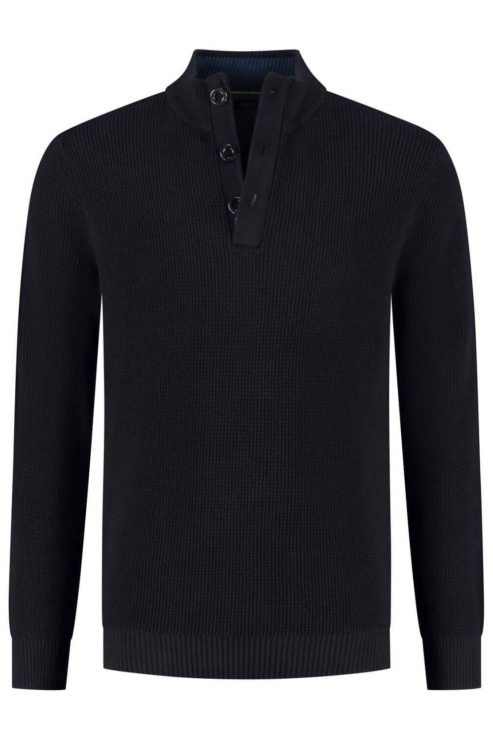 Half zip-knopen structuur navy - Katoenen trui met knoopsluiting en opstaande kraag in donkerblauw.