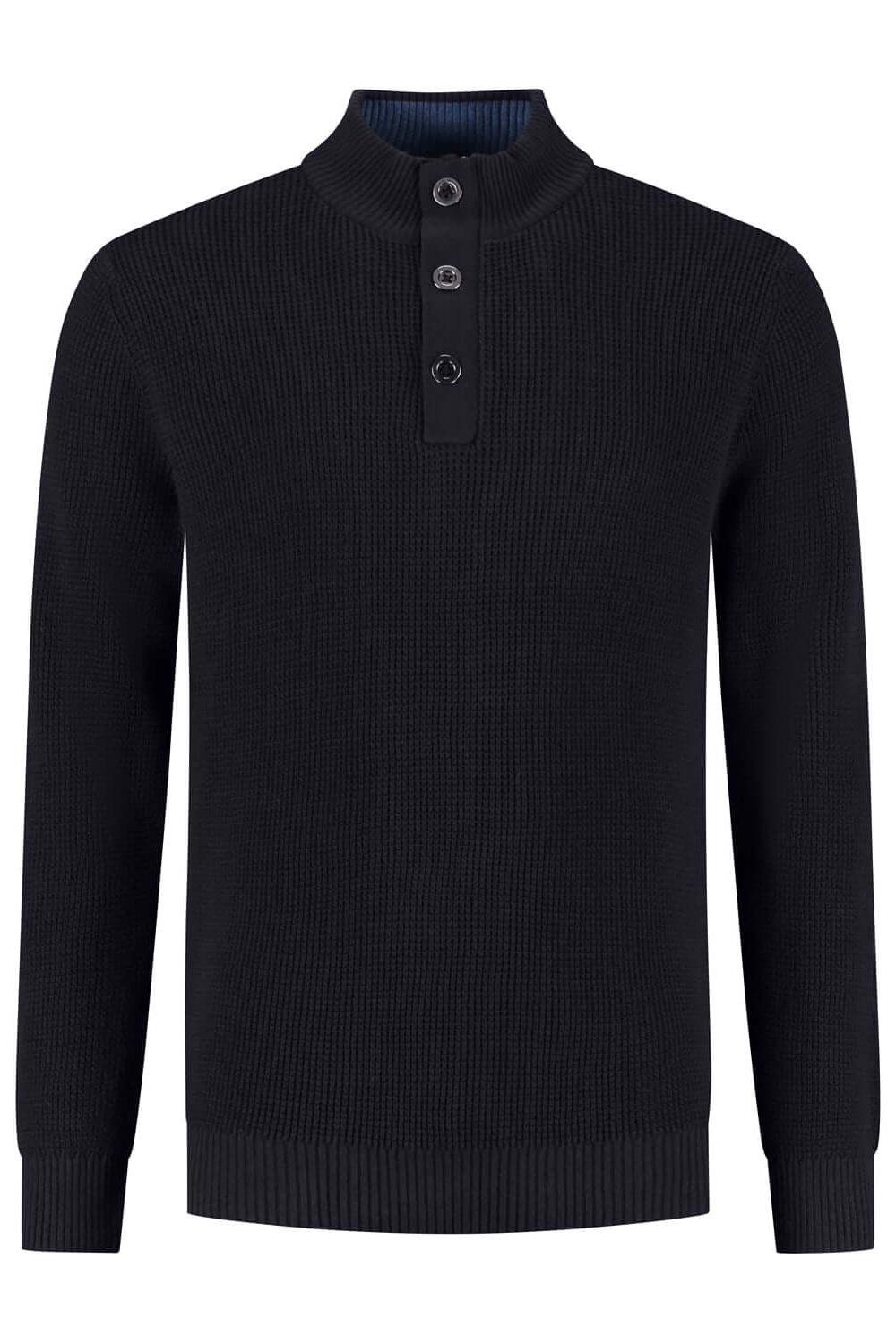 Half zip-knopen structuur navy katoenen trui met knoopsluiting en opstaande kraag in donkerblauw.