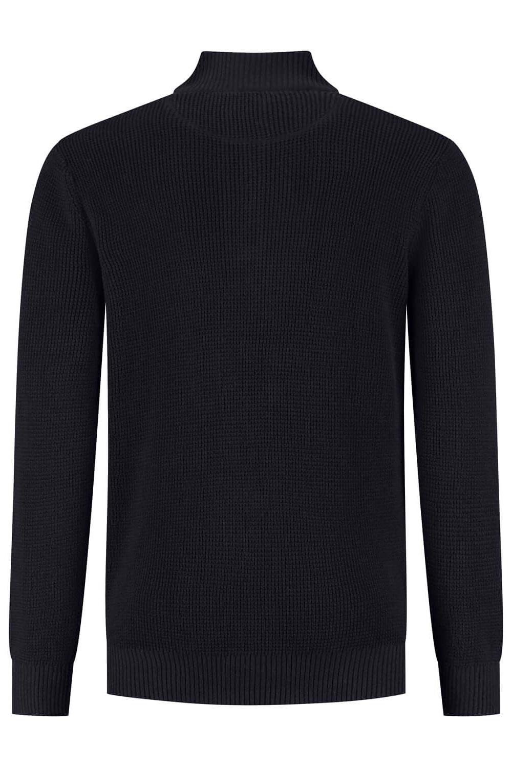 Half zip-knopen structuur navy, achterkant van de katoenen trui met opstaande kraag in donkerblauw.