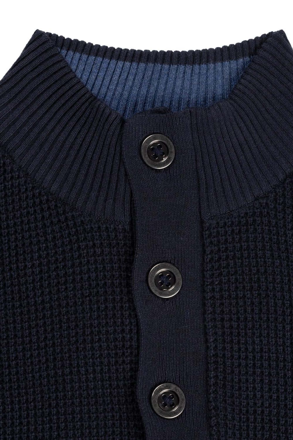 Half zip-knopen structuur navy trui met knoopsluiting en opstaande kraag in donkerblauw.