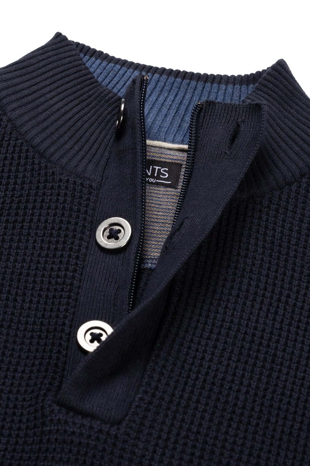 Half zip-knopen structuur navy trui met knoopsluiting en opstaande kraag in donkerblauw.
