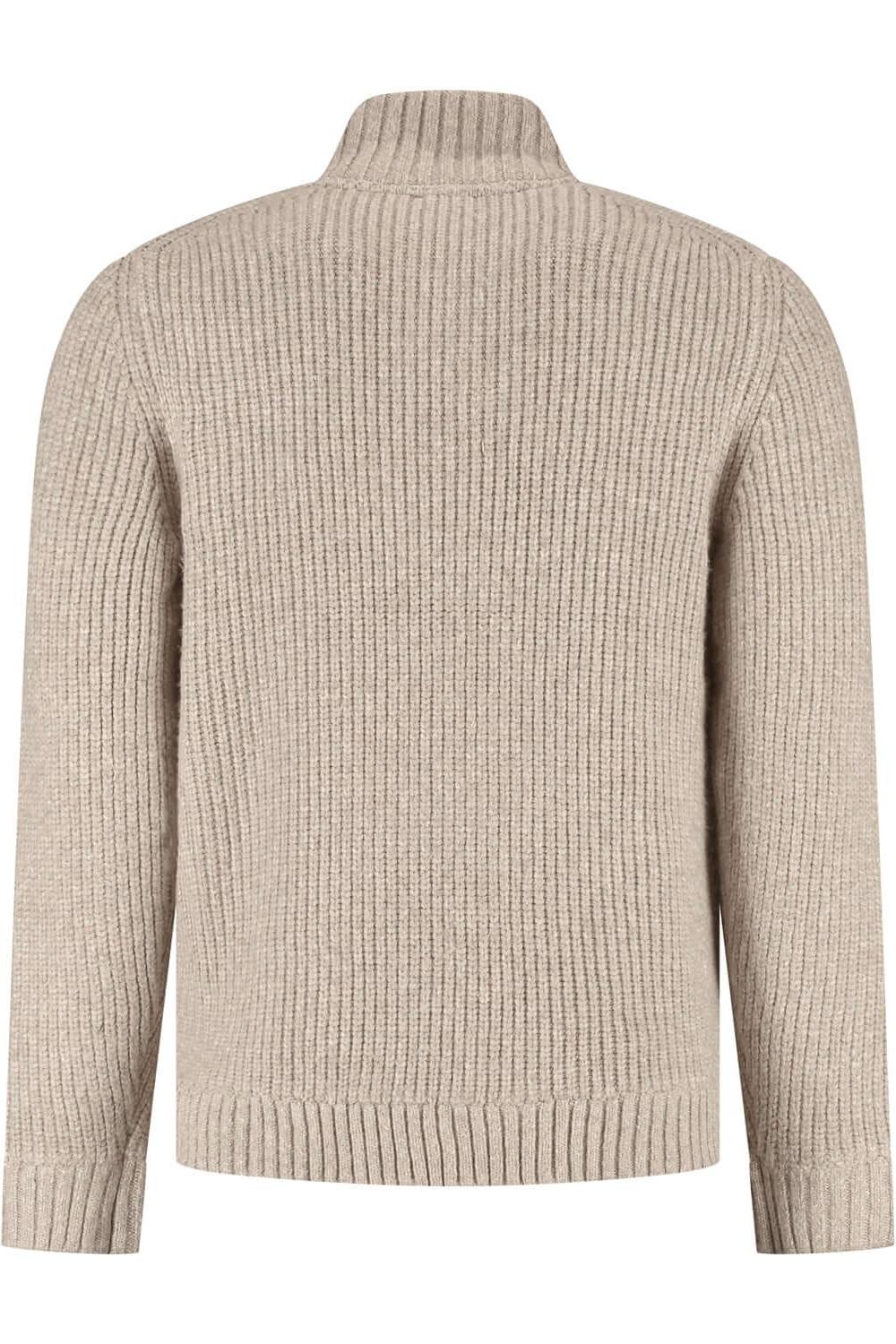 Full-zip cardigan zandbeige achterkant met staande ribkraag en glad voorpand.