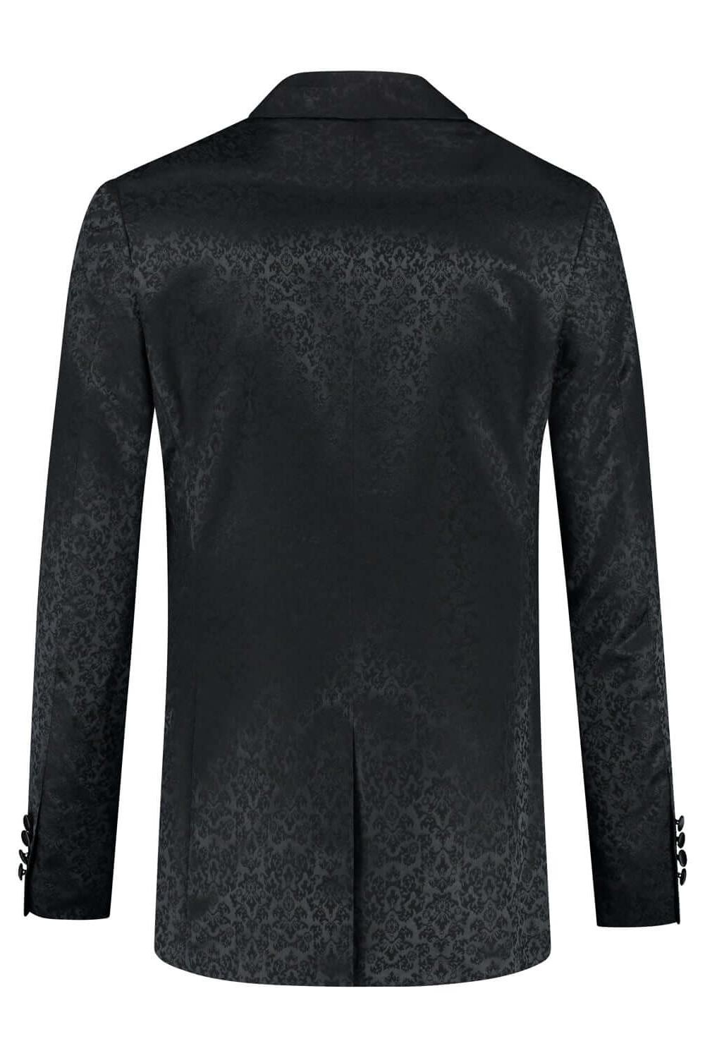 Dinnerjacket paisley zwart - achteraanzicht van elegant zwart dinerjasje met paisley jacquard.