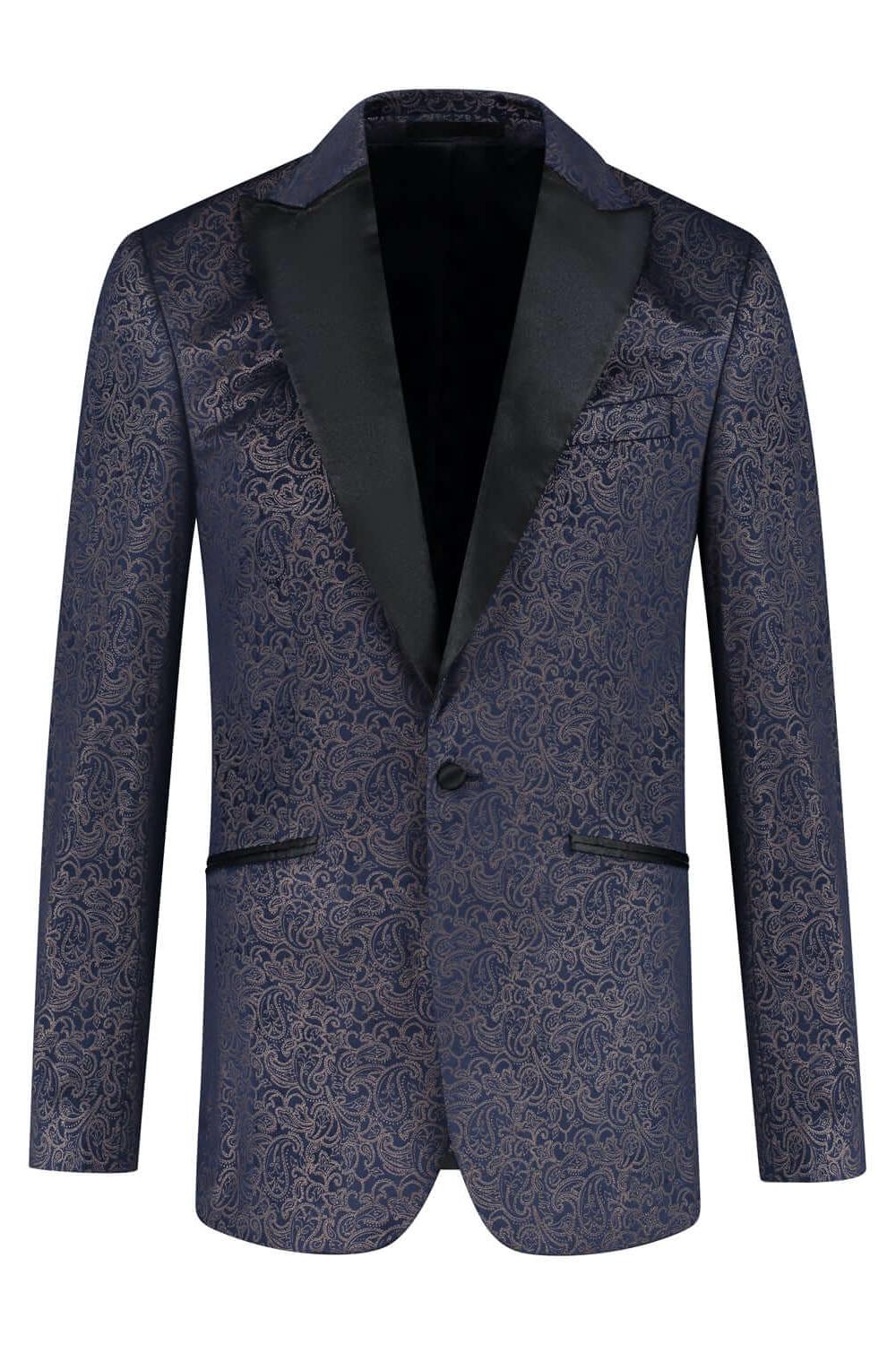 Dinnerjacket velvet paisley blauw - elegante dinerjasje met paisley patroon en knoopsluiting in blauw.