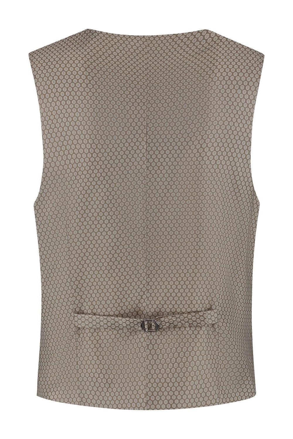 Gilet Pinhead Brown, bruin gilet met verfijnde afwerking en knoopsluiting, achterkant zichtbaar.