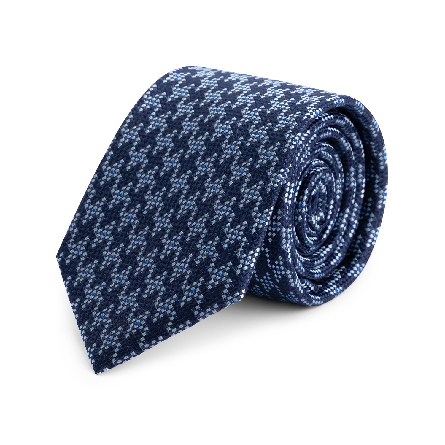 Stropdas zijde pied-de-coq blauw, elegante blauwe stropdas met pied-de-coq patroon, perfect voor zakelijke gelegenheden.