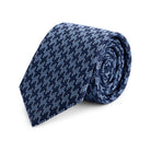 Stropdas zijde pied-de-coq blauw, elegante blauwe zijden stropdas met pied-de-coq patroon voor zakelijke outfits.