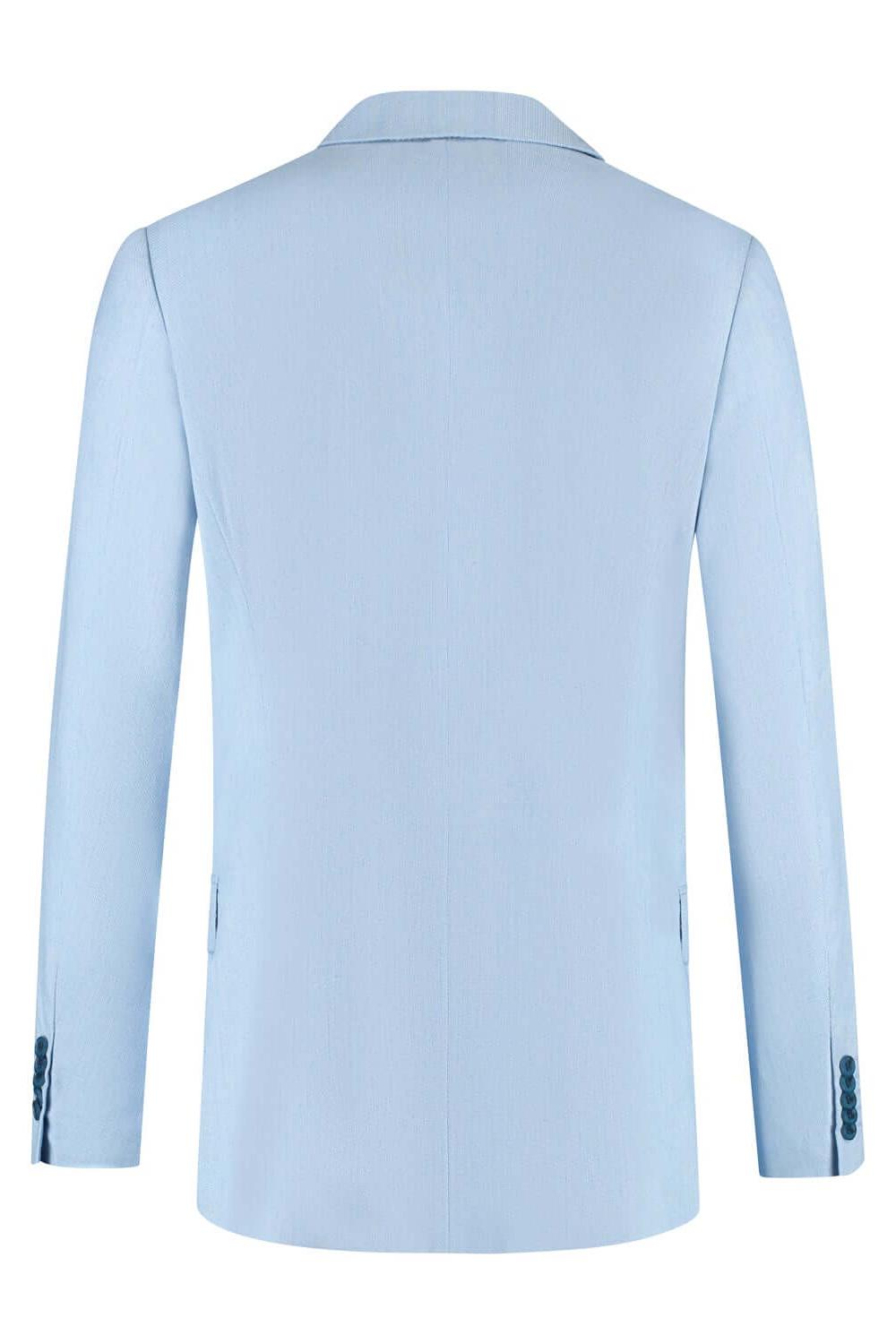 Pak 2-delig linnenblend lichtblauw achterzijde van het jasje, perfect voor warme dagen.