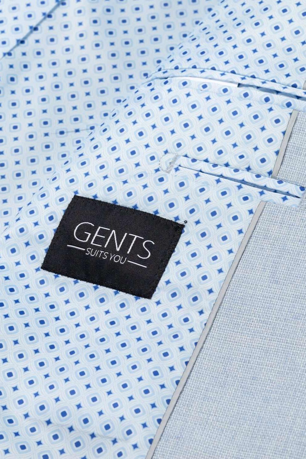 Close-up of light blue interior fabric of Pak lichtblauw 3-delig with GENTS label.