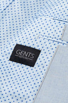 Close-up of light blue interior fabric of Pak lichtblauw 3-delig with GENTS label.