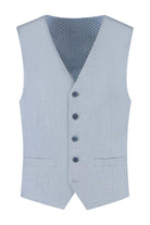 Pak lichtblauw 3-delig: stijlvolle lichtblauwe giletsnit met knopen en zakken, perfect voor zakelijke gelegenheden.