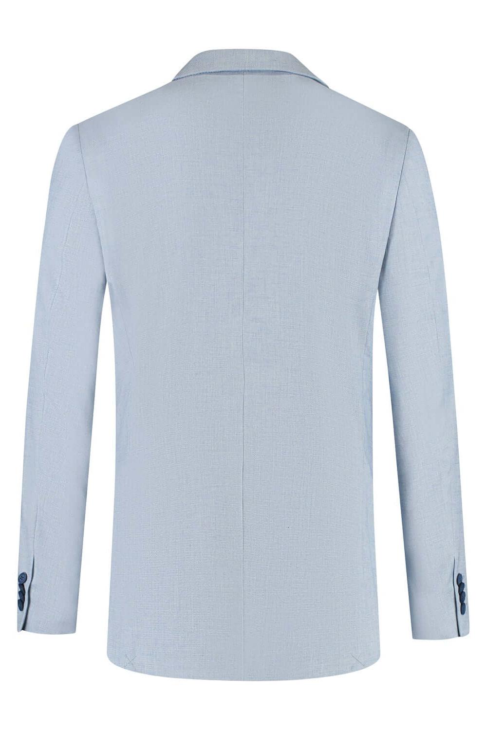 A back view of the Pak lichtblauw 3-delig, a stylish light blue business suit.