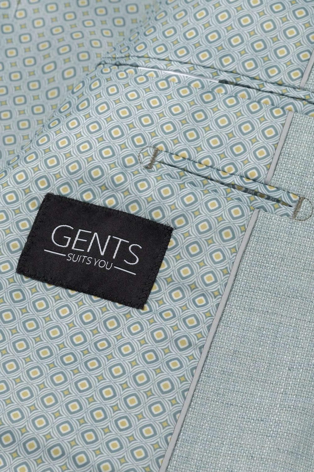 Pak aquagroen 3-delig detail met GENTS label, perfect voor formele gelegenheden en moderne pasvorm.