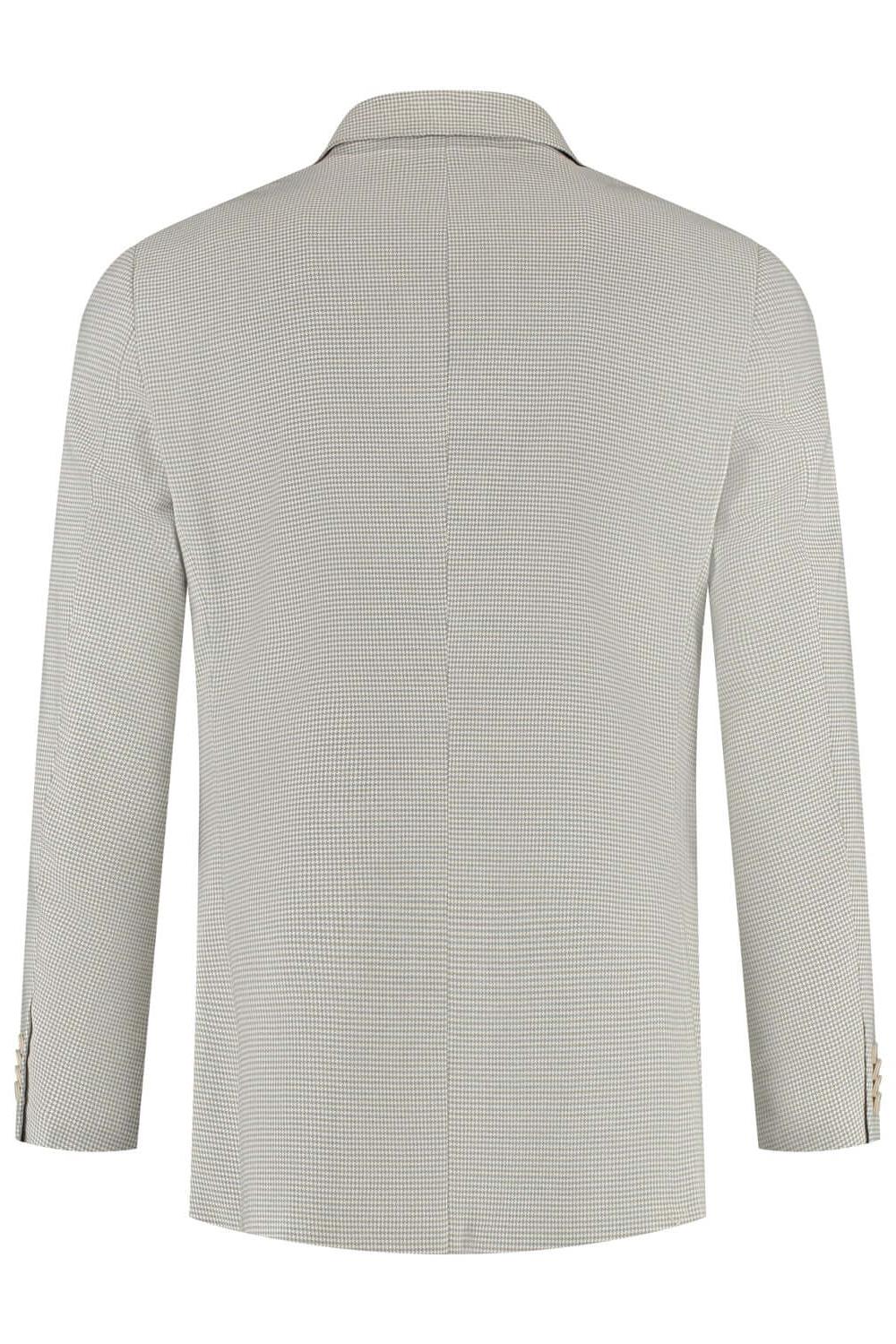 Back view of a stylish Double-breasted pied-de-poule beige jacket with a modern cut.