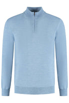 Halfzip merinoblend lichtblauw. Lichtblauwe sweater met ritssluiting en lange mouwen.