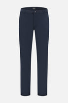 Chino stretch dobby navy trousers showcasing a sleek and stylish design in a deep navy color.