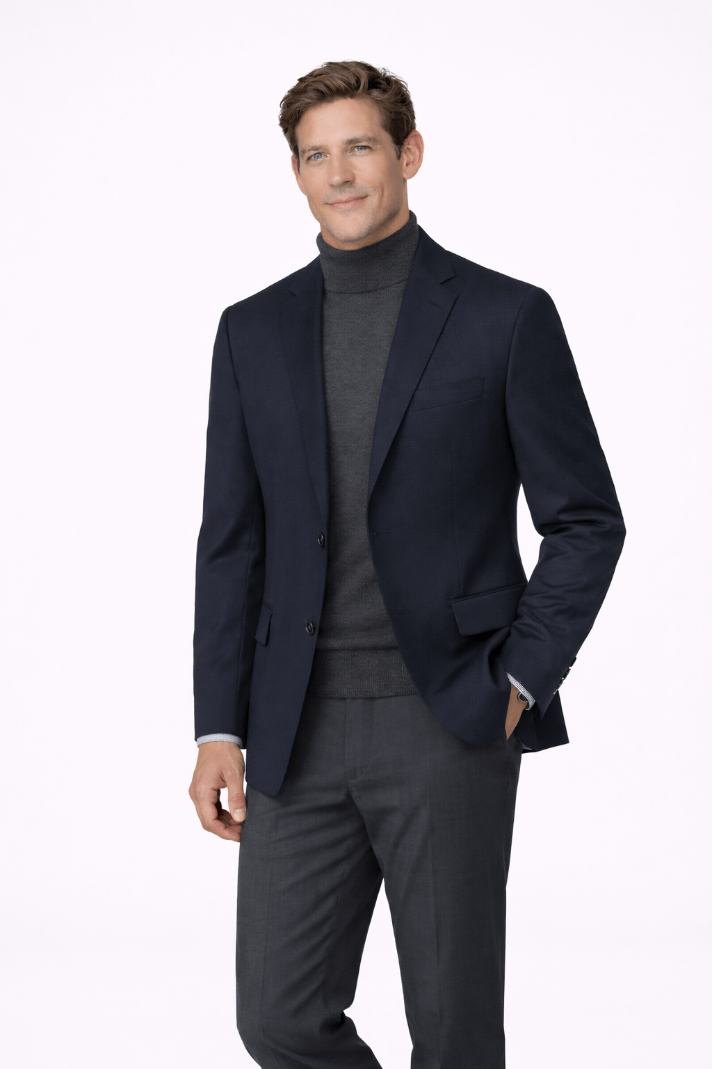 Modern business casual look featuring a stylish man in a navy blazer and turtleneck sweater.