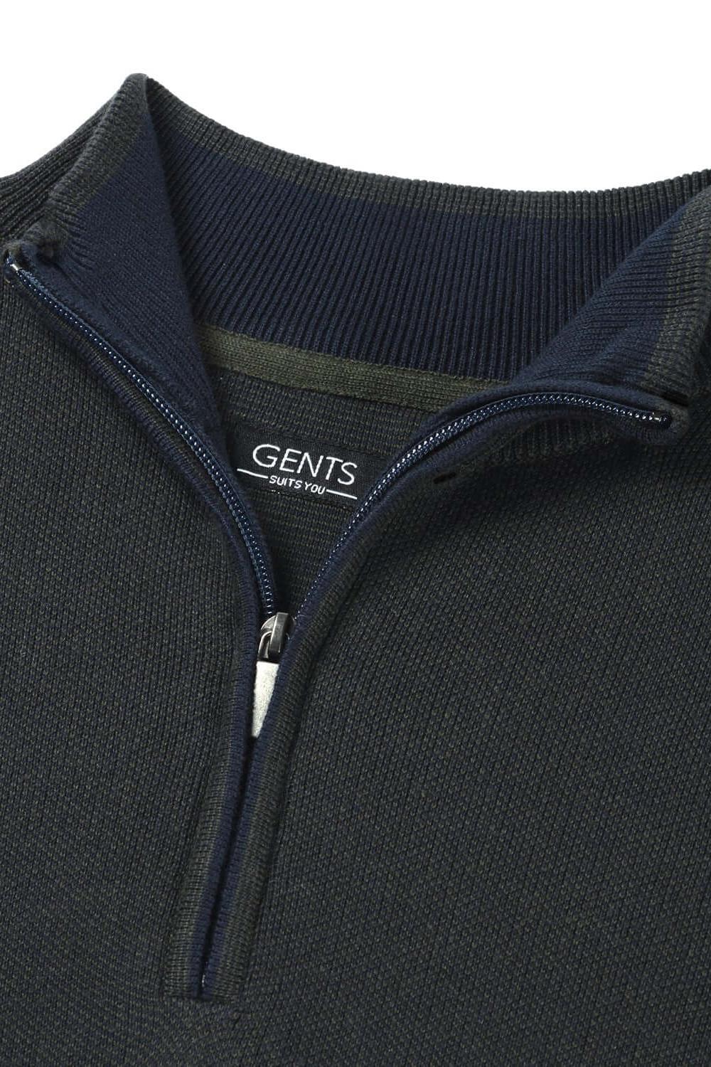 Ronde hals two-tone donkergroen ademend katoenen trui met rits en twee tinten donkergroen.
