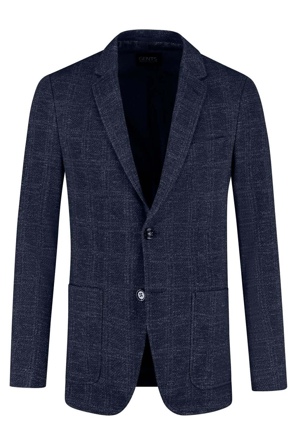 Colbert stretch ruit blauw, blauw stretchcolbert met subtiel ruitpatroon en twee knopen.