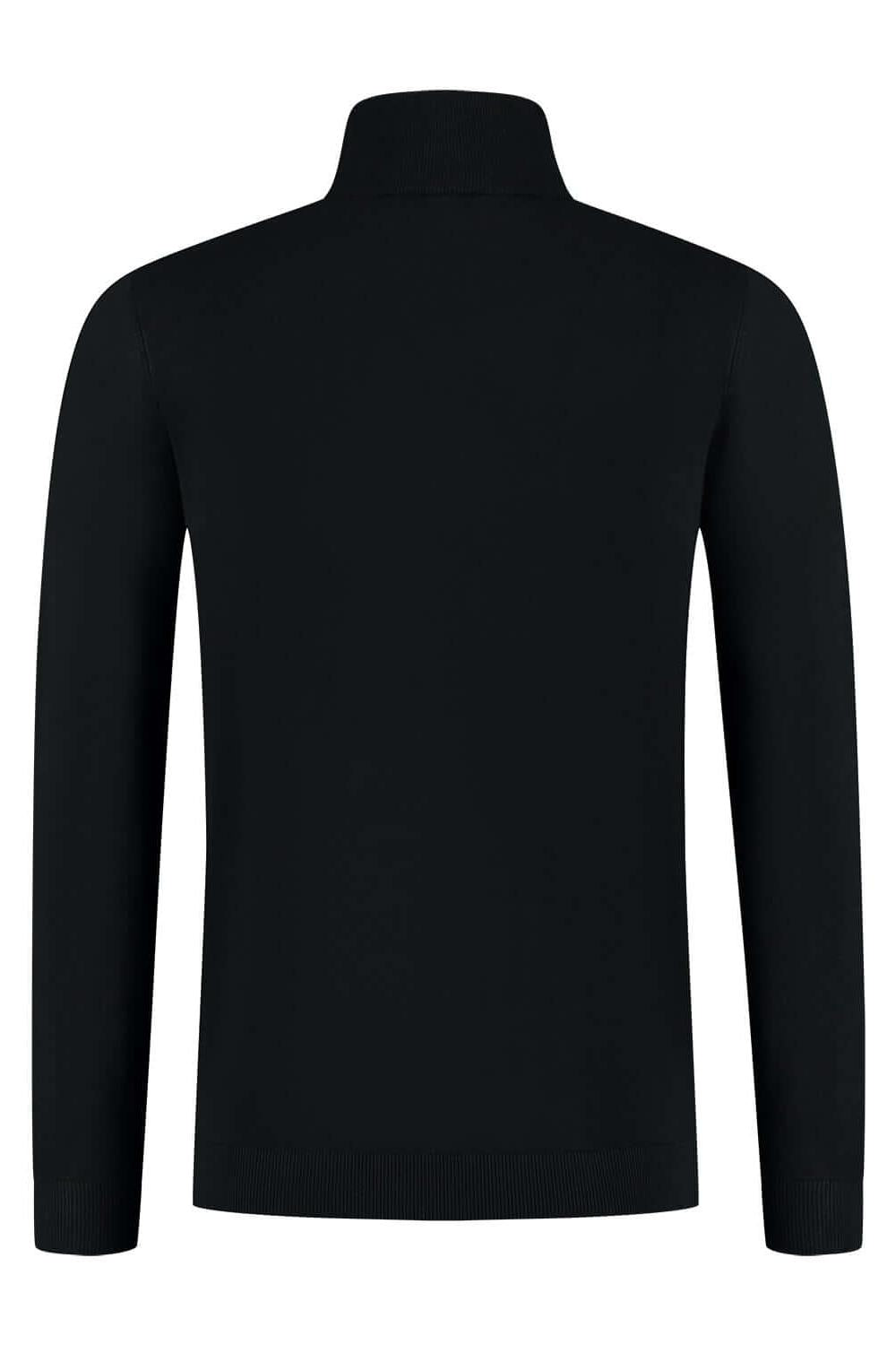 Turtle neck zwart, zwart fijngebreide coltrui met ademend en vormvast comfort, achterkant view.