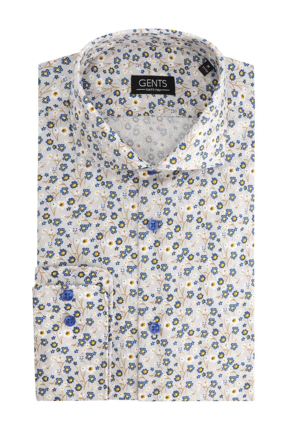 Overhemd bloemetjes print beige-blauw, katoenen overhemd met non-iron bloemprint in beige en blauw.
