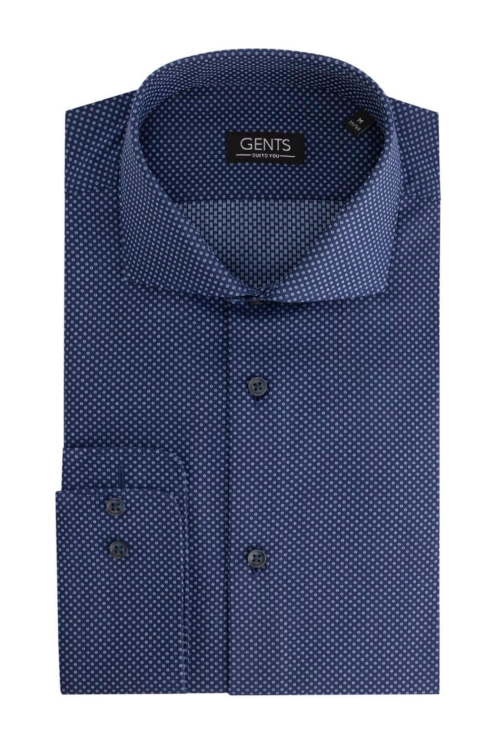 Overhemd dot navy-wit, katoenen overhemd met donkerblauw polkadot patroon, strijkvrij en antikreuk.