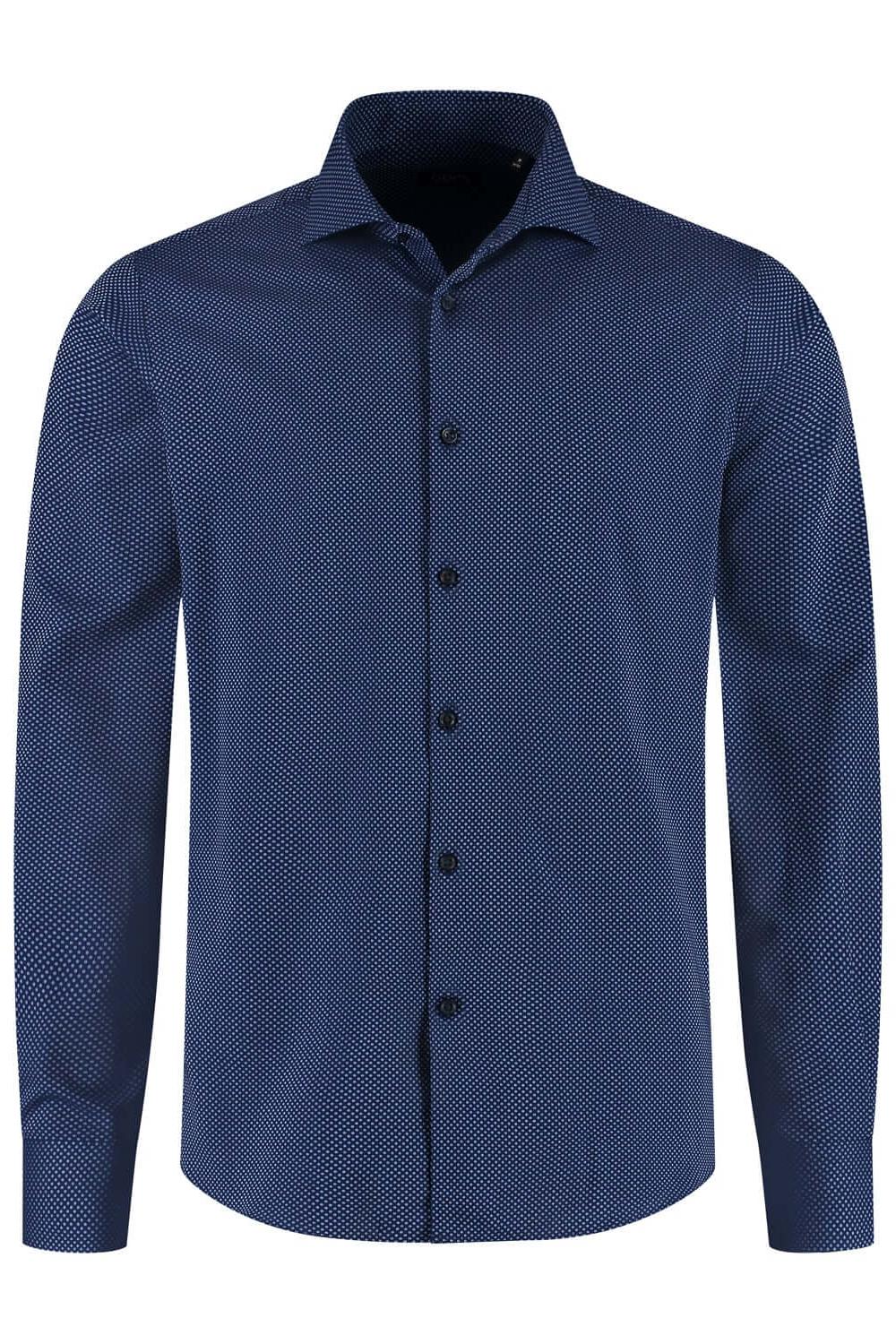 Overhemd dot navy-wit, katoenen shirt met donkerblauw polkadot patroon, strijkvrij en antikreuk.