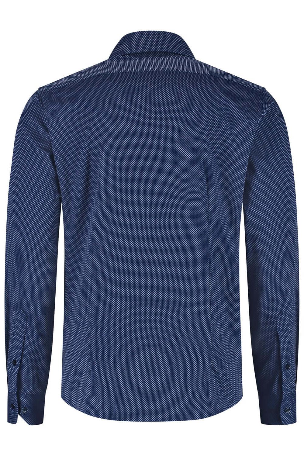 Overhemd dot navy-wit, achterzijde van een donkerblauw polkadot katoenen overhemd, strijkvrij en antikreuk.