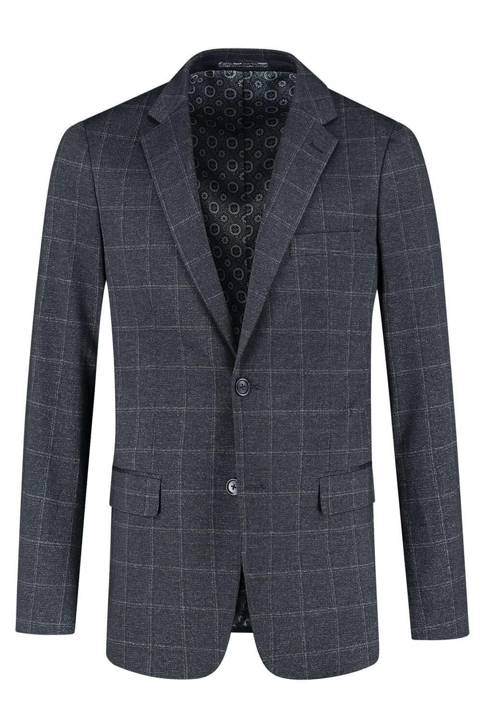 Pak stretch ruit blauw, modern tweedelig stretchpak met ruit in blauw, stijlvolle blazer afbeelding.