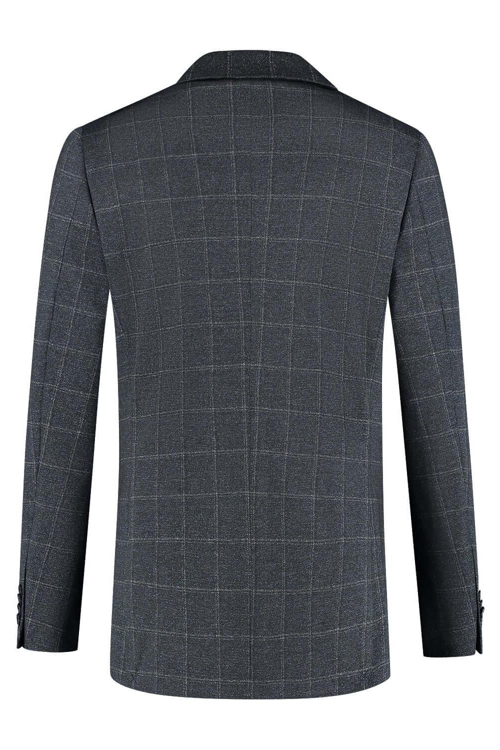 Pak stretch ruit blauw - achterzijde van een blauw ruitjas met moderne pasvorm, tweedelig ontwerp.
