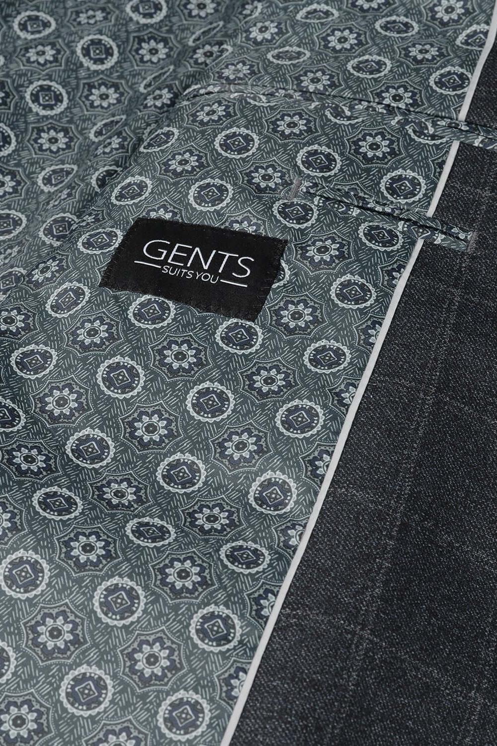 Pak stretch ruit blauw detail van binnenvoering met bloemenpatroon en merklabel, stijlvolle look.