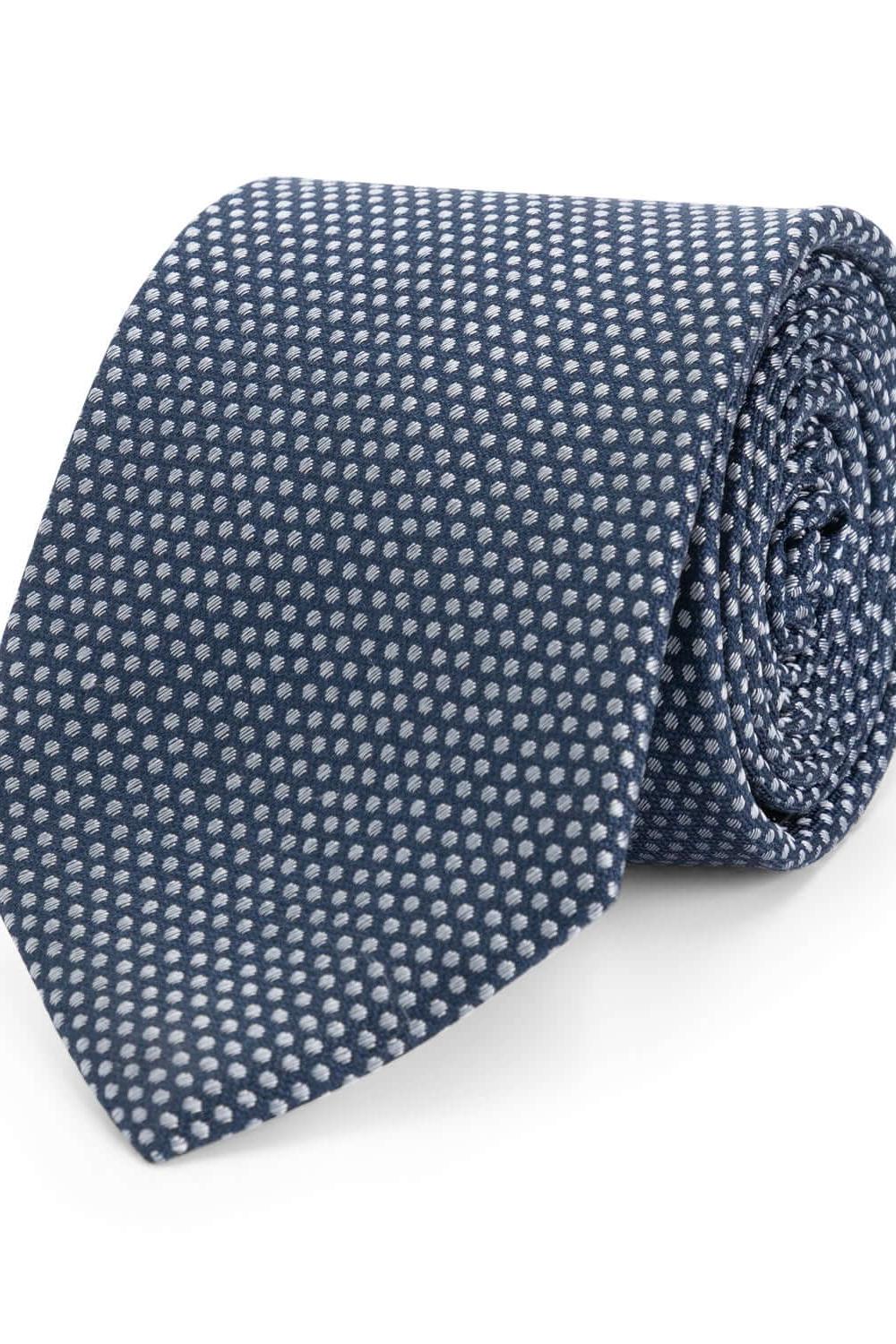 Stropdas zijde print stippel blauw, 100% zijde, subtiel glanzend blauw met microstippeldessin.