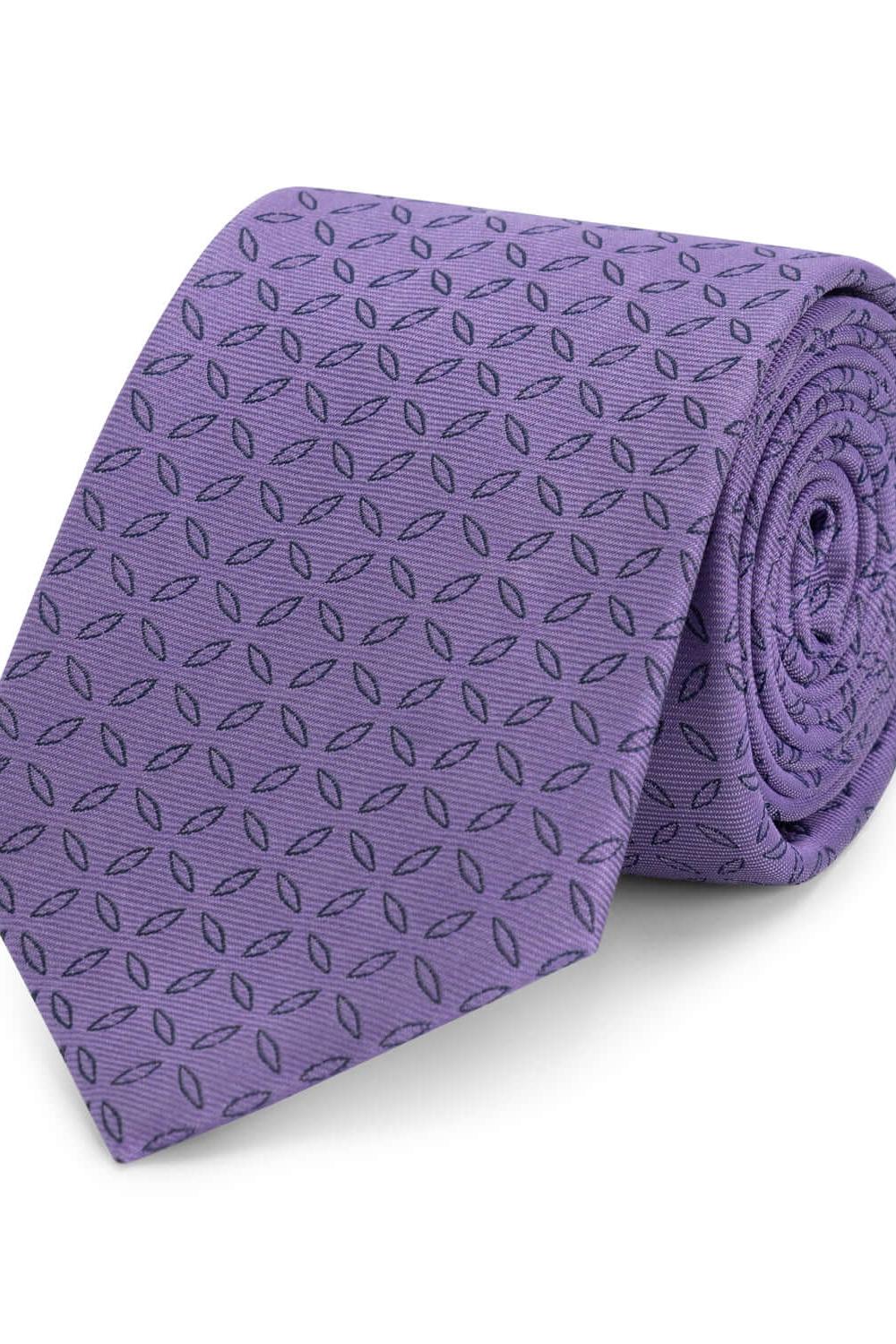Stropdas zijde print ovaal puntig paars met een paarse ovaalpatroon en puntig uiteinde.