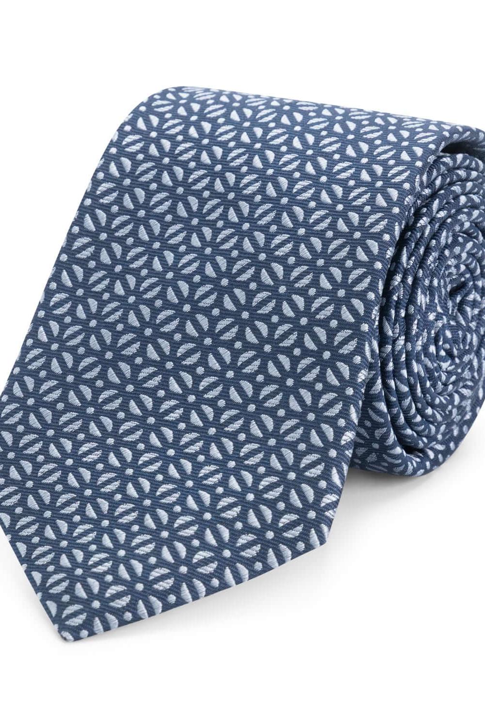 Donkerblauwe zijde stropdas met subtiel bloemenpatroon - Stropdas zijde print patronen donkerblauw.