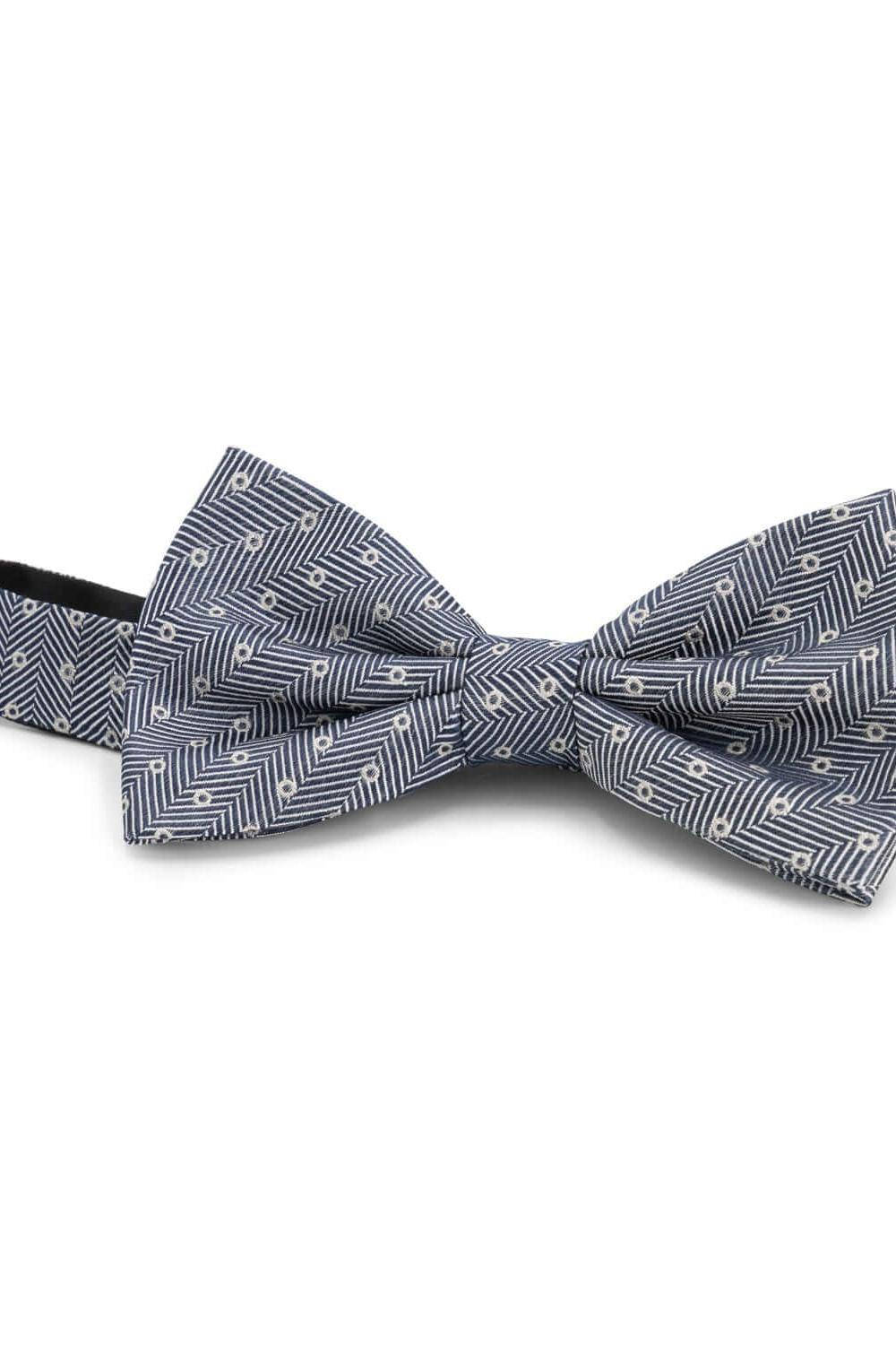 Strik zijde print stippel blauw, blauwe zijde strik met visgraat- en stipdessin, voorgevormd en verstelbaar.