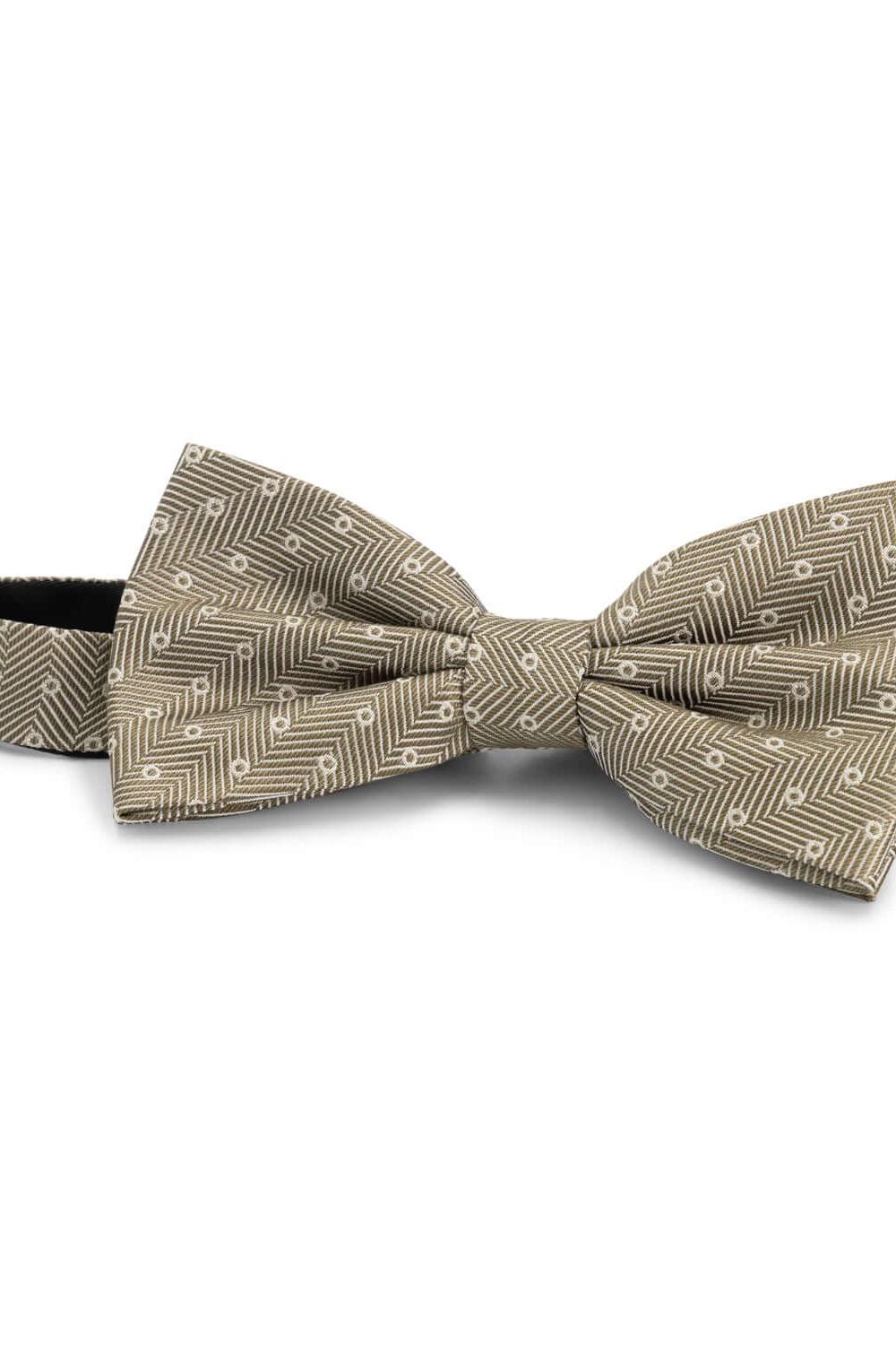 Strik zijde print olijfgroen, voorgevormde zijden strik met chevron- en stipdessin in olijfgroen.