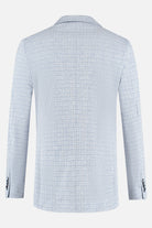 Colbert miniruit lichtblauw, achterkant view van een lichtblauwe blazer met ruitmotief.
