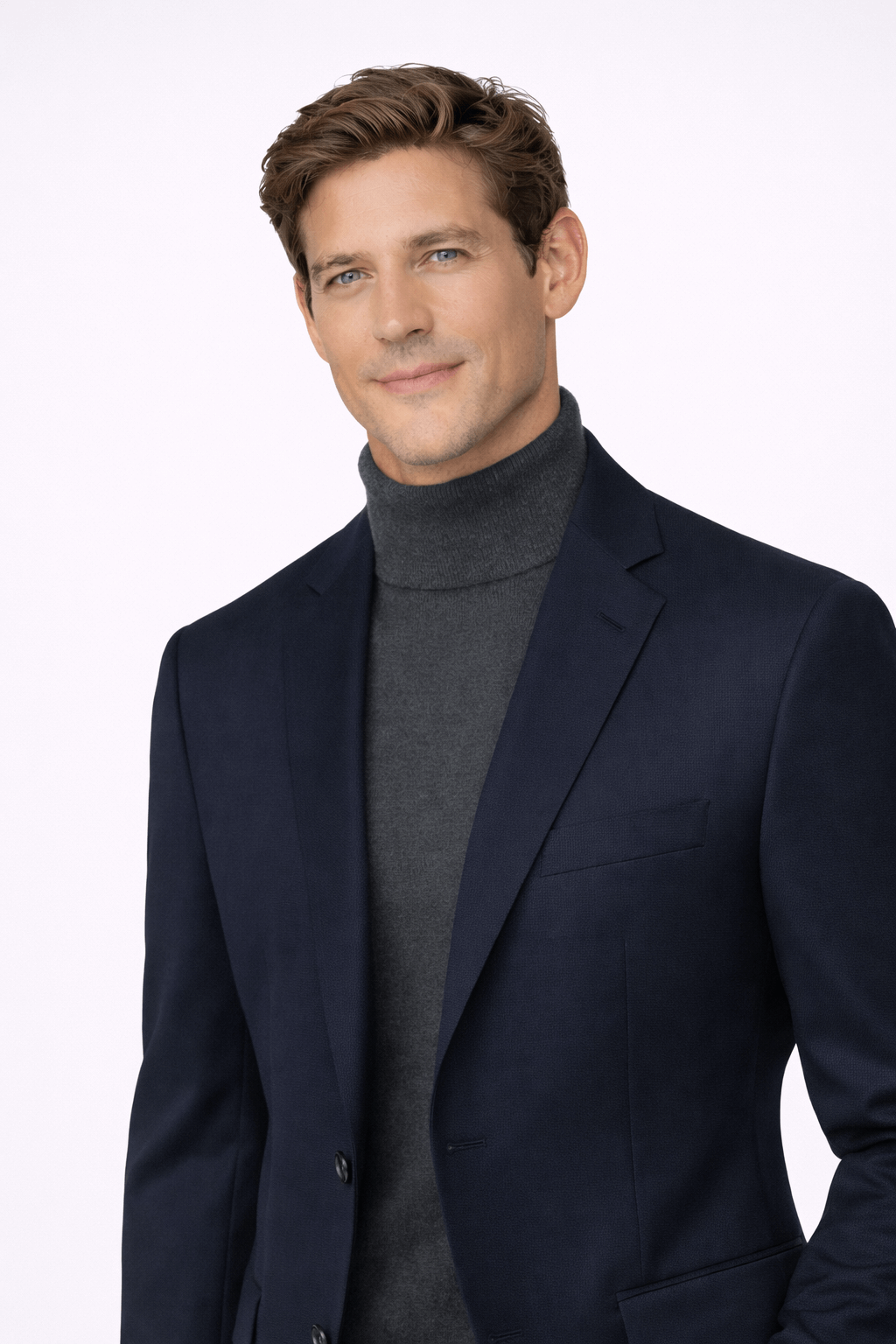Man in a stylish navy blazer and turtleneck, showcasing a Modern business casual look.