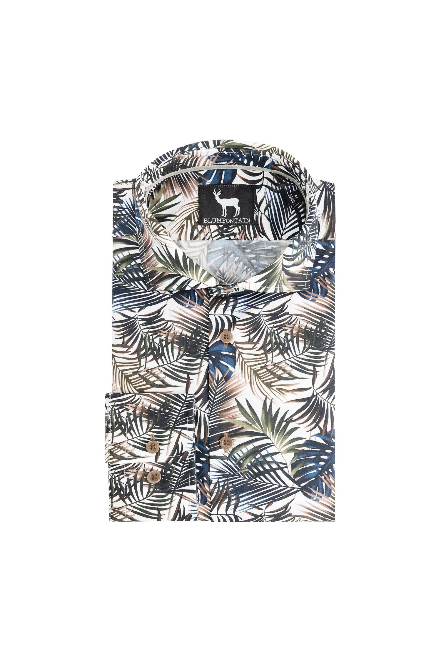 Blumfontain print palmblad groen-bruin overhemd met ademend katoen en palmbladprint.