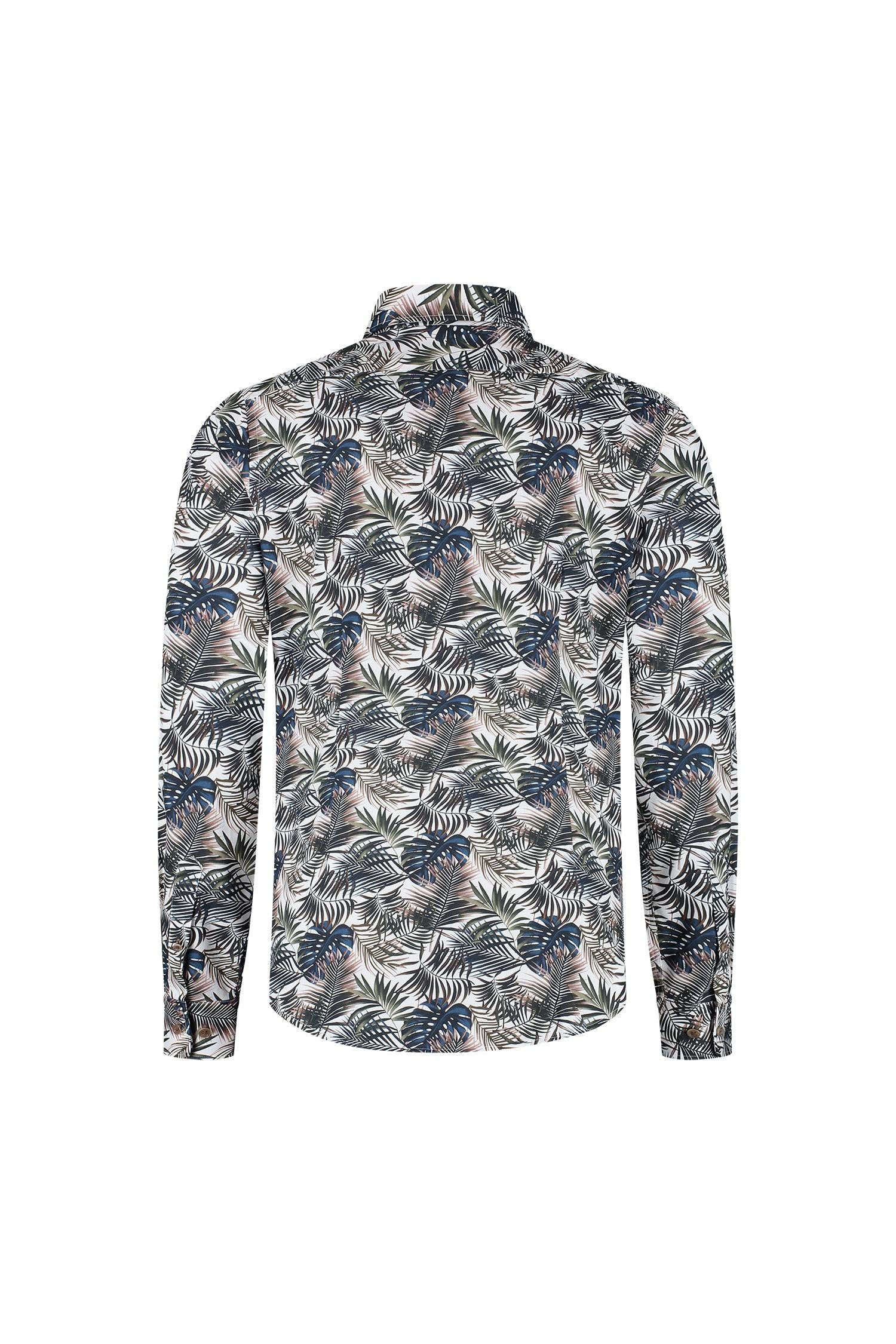 Blumfontain print palmblad groen-bruin overhemd, ademend katoen, zicht op de achterkant van het shirt.