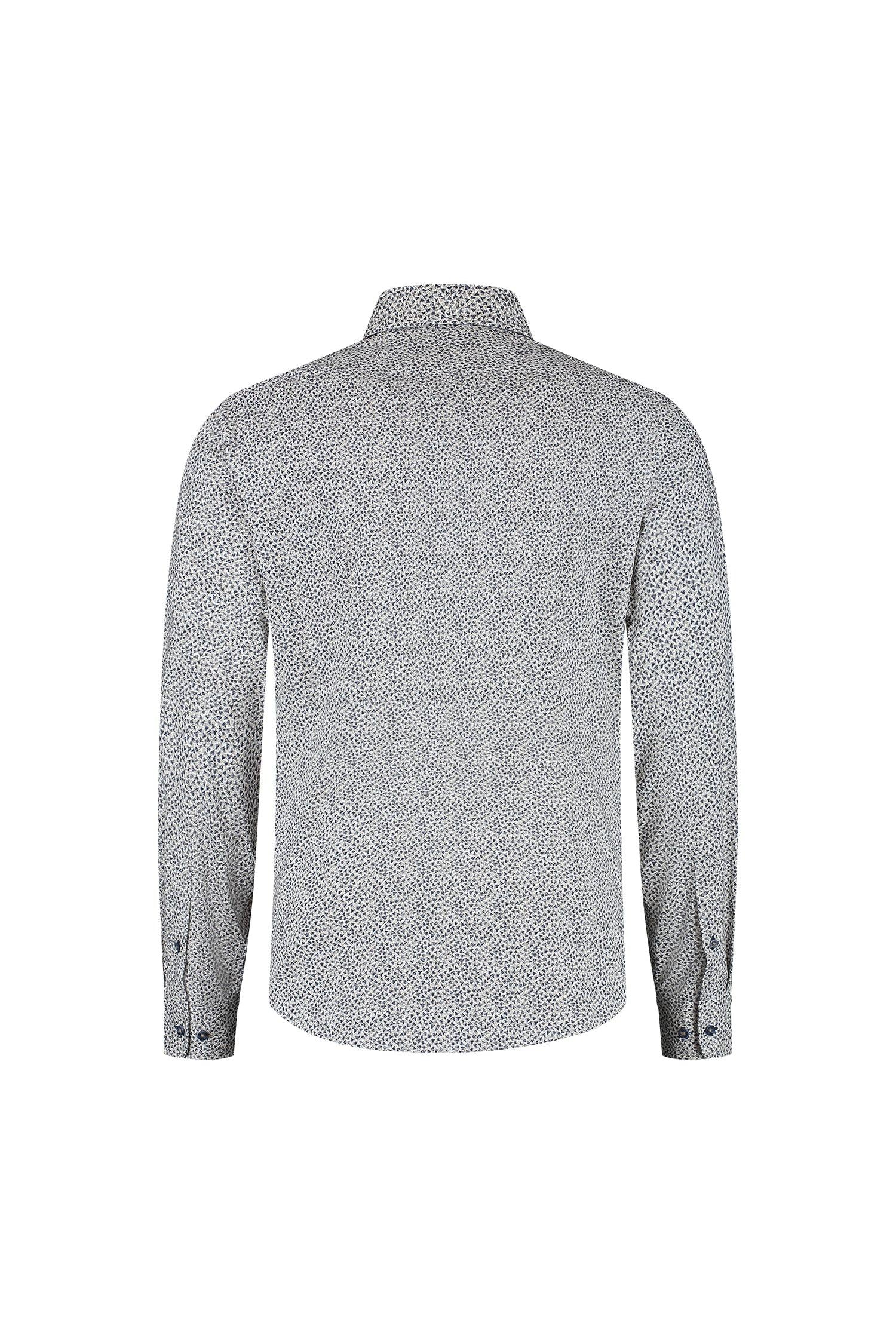 Blumfontain triangel print beige-navy cotton shirt back view with unique triangle pattern.
