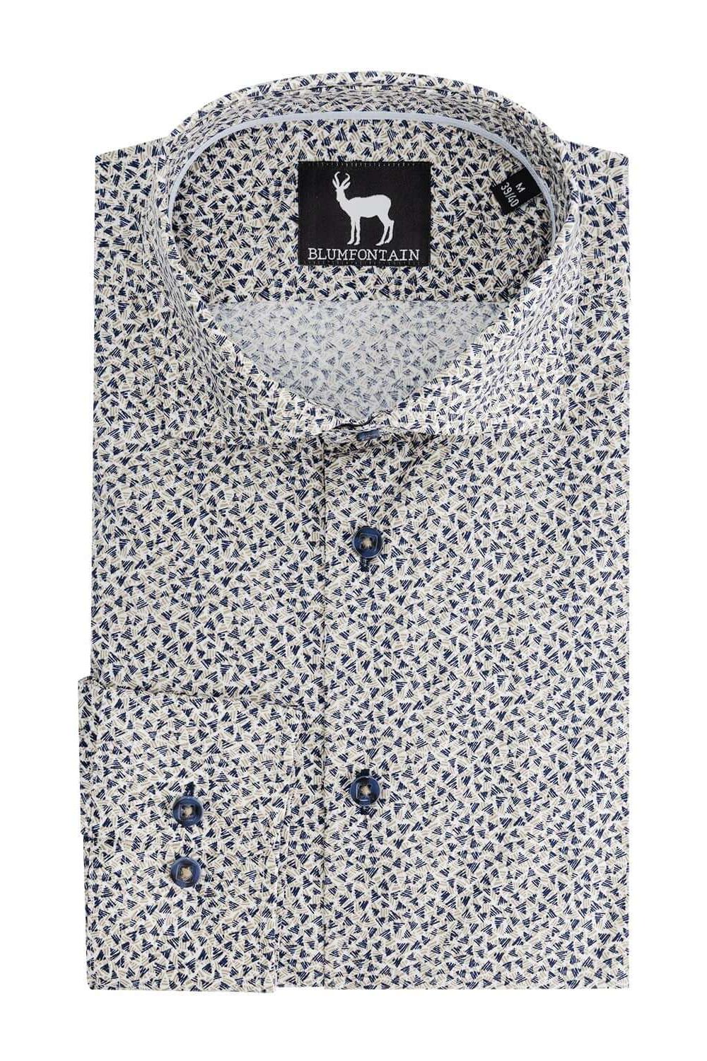 Blumfontain triangel print beige-navy Ademend katoenen overhemd met triangel print