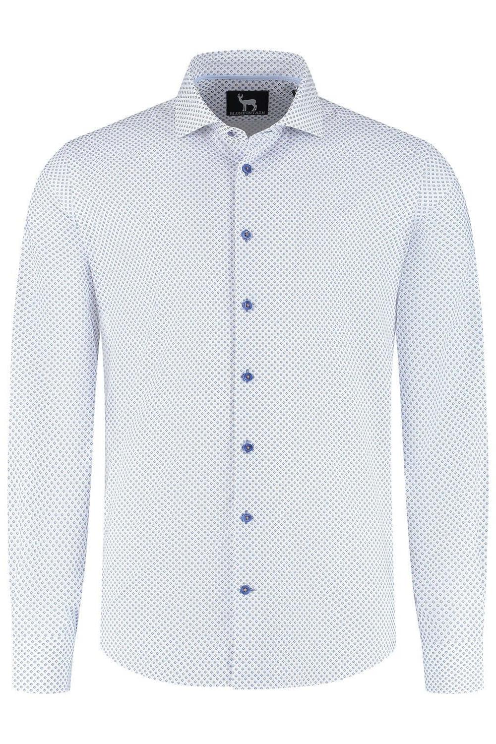 Blumfontain wieber print beige-blauw ademend katoenen overhemd met knopen en beige-blauwe wieberprint