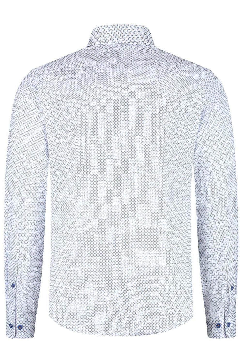 Blumfontain wieber print beige-blauw katoenen overhemd achterzijde met knopen en blauw-witte wieberprint.