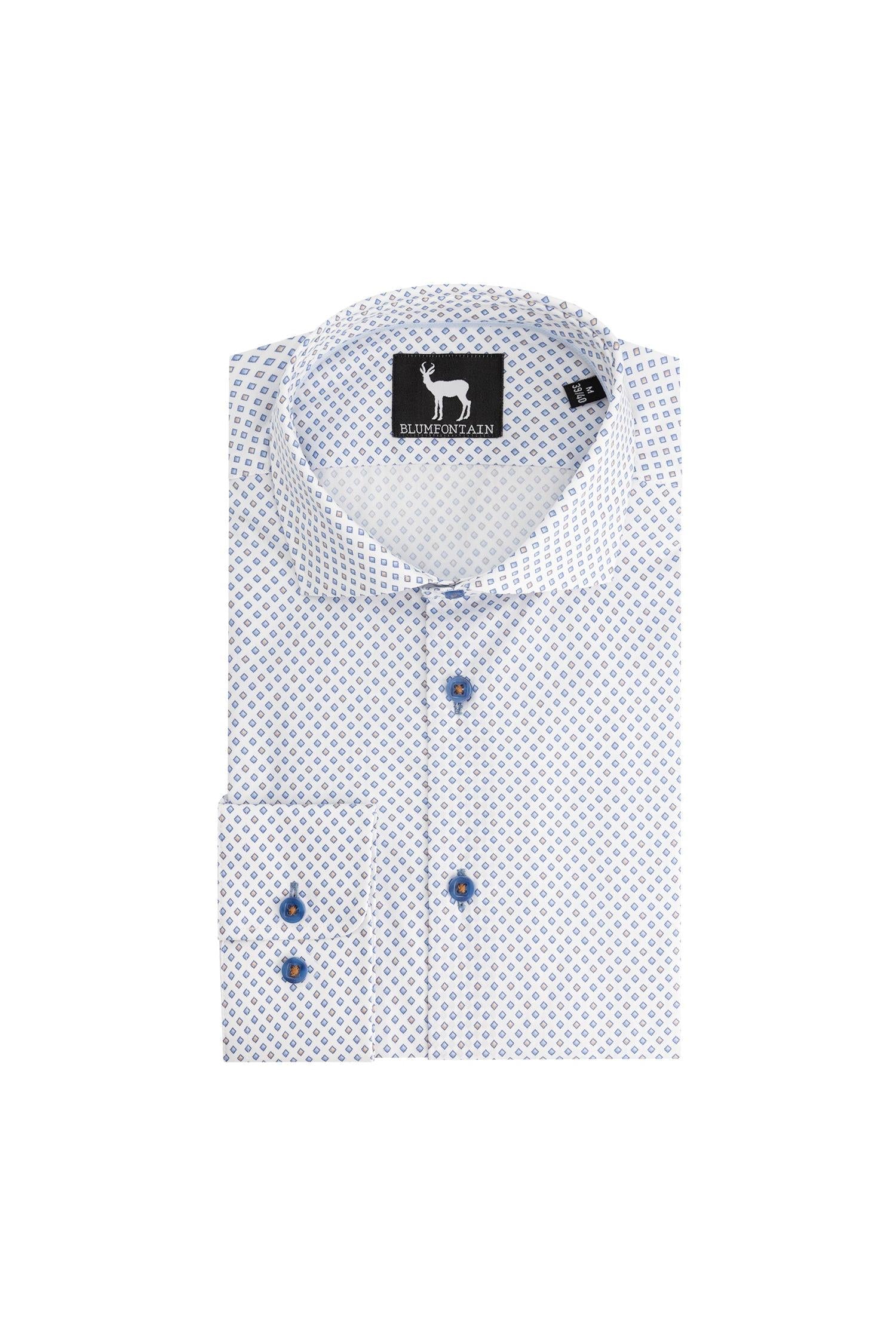 Blumfontain wieber print beige-blauw ademend katoenen overhemd met beige-blauwe wieberprint en knopen.