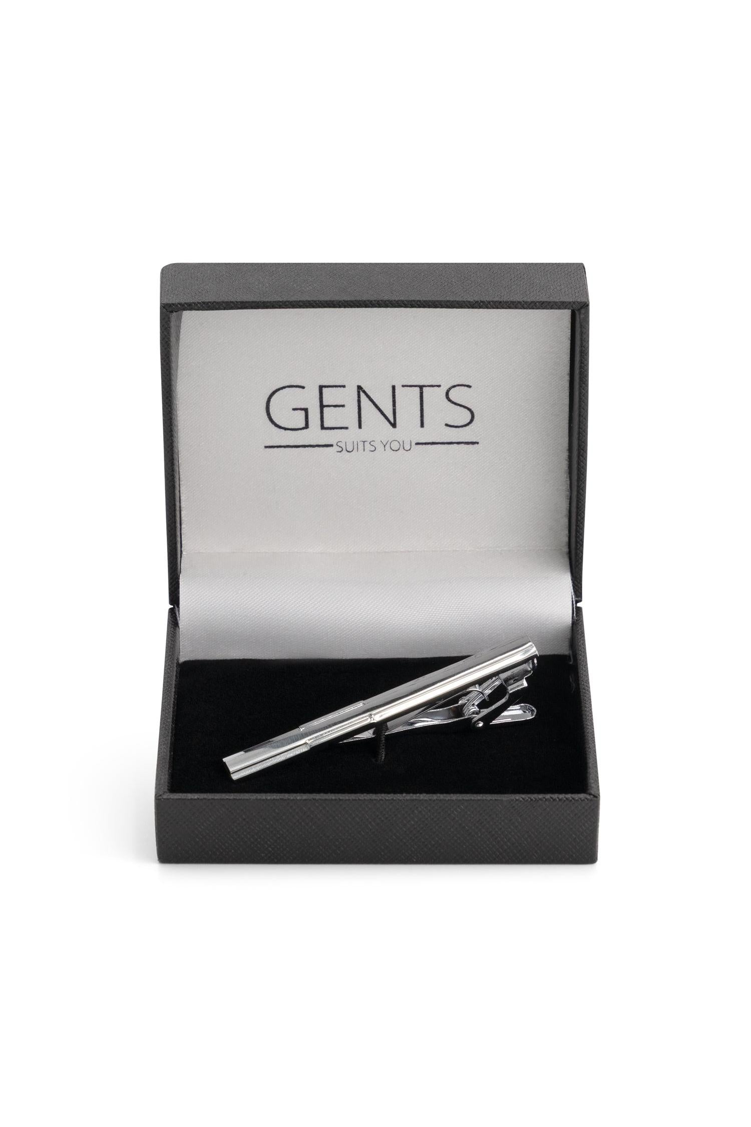 Dasspeld rvs-look in een luxe geschenkdoos van GENTS, modern en stijlvol design voor mannen.