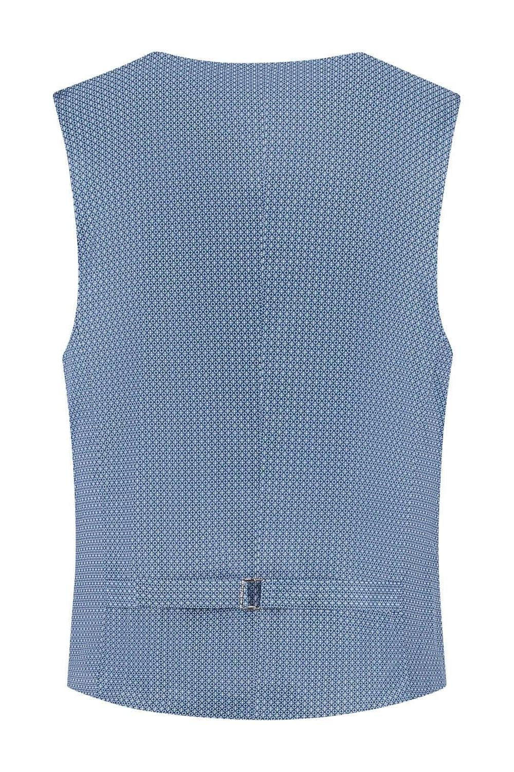 A stylish view of the back of a Gilet linnenlook blauw Blauw, featuring crease-free fabric and a tailored design.