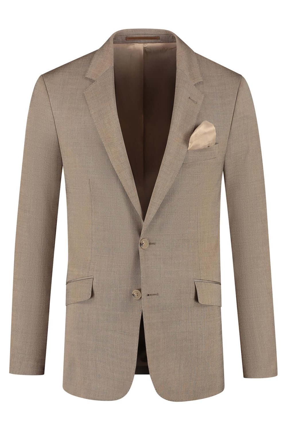 Pak camelbruin, klassiek camelkleurig tweedelig pak van wol met stretch, stijlvol en elegant.