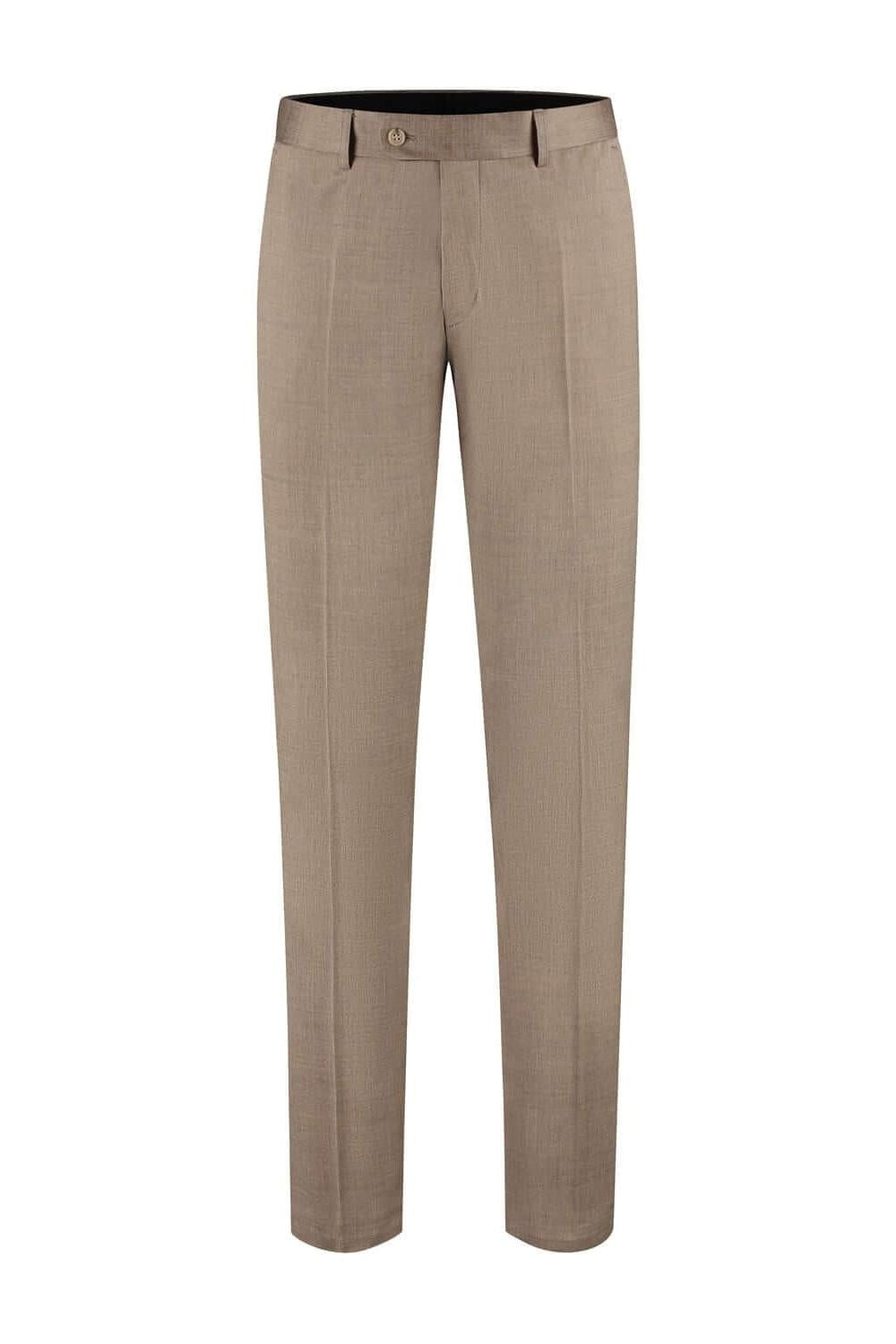 Pak camelbruin tweedelige broek in klassiek camelkleurig wol met stretch.