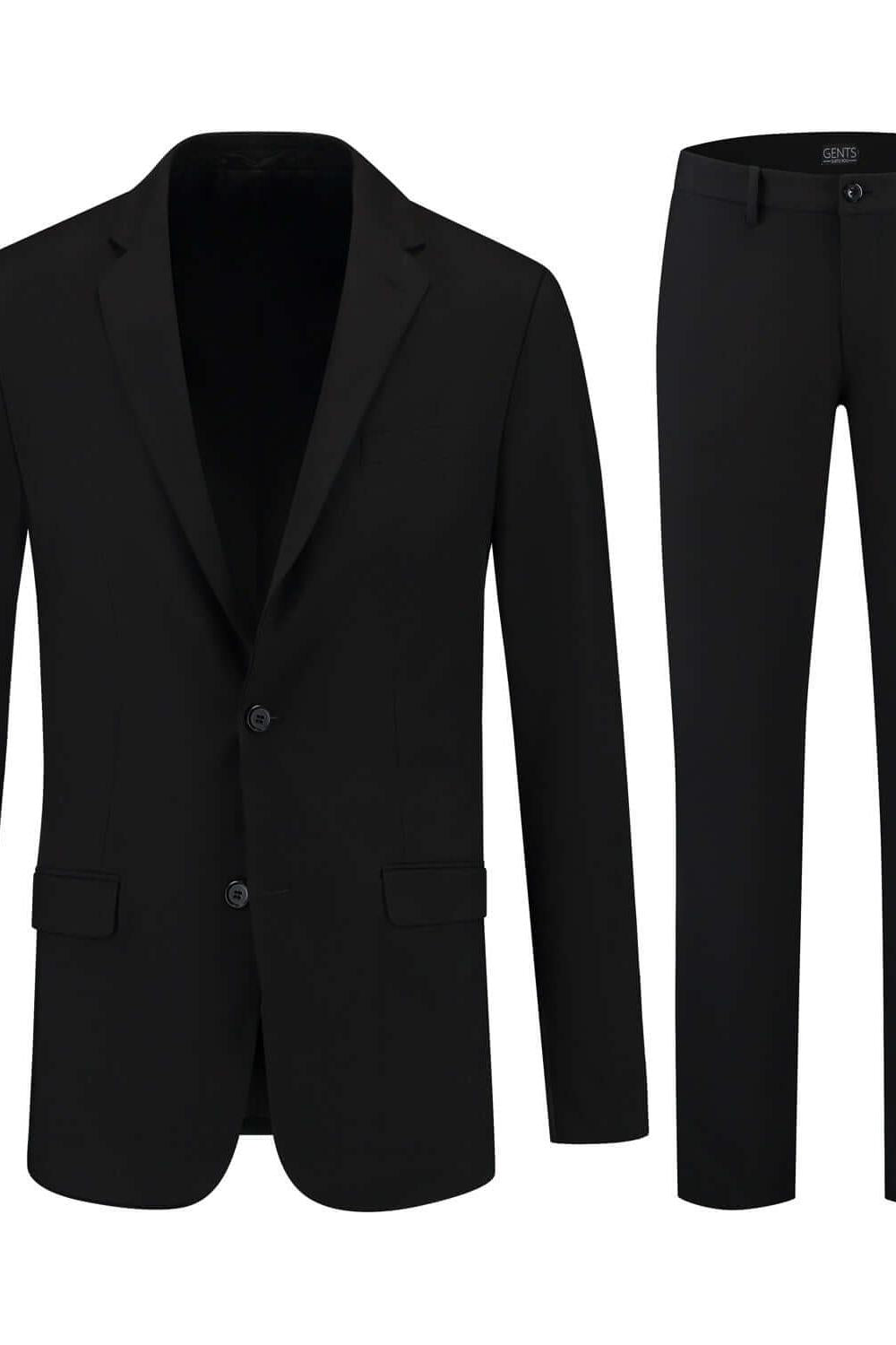 Pak comfort stretch zwart met blazer en broek, biedt bewegingsvrijheid en ademend comfort.
